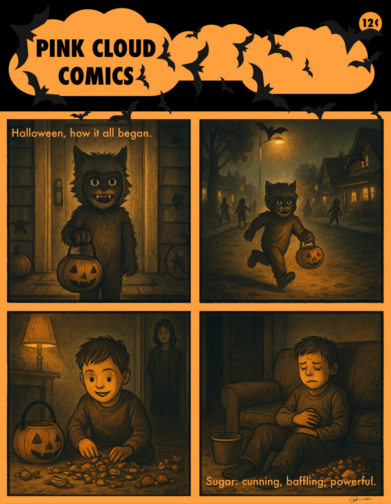 Four dark, moody panels: 1) kid in a werewolf costume on a porch holding a pumpkin bucket; 2) running with other costumed kids under streetlights; 3) mask off, smiling at a kitchen table sorting real candy piles while a mom watches from the doorway; 4) later on cool tile, frowning and queasy beside the bucket with a few wrappers. Non-graphic.