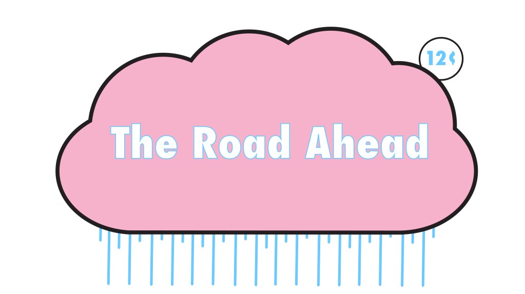 Pink Cloud Comics blog hero image featuring a large pink cloud on a black background with rain lines underneath. The text inside the cloud reads “The Road Ahead.” A small white price bubble with “12¢” appears near the upper right side of the cloud.
